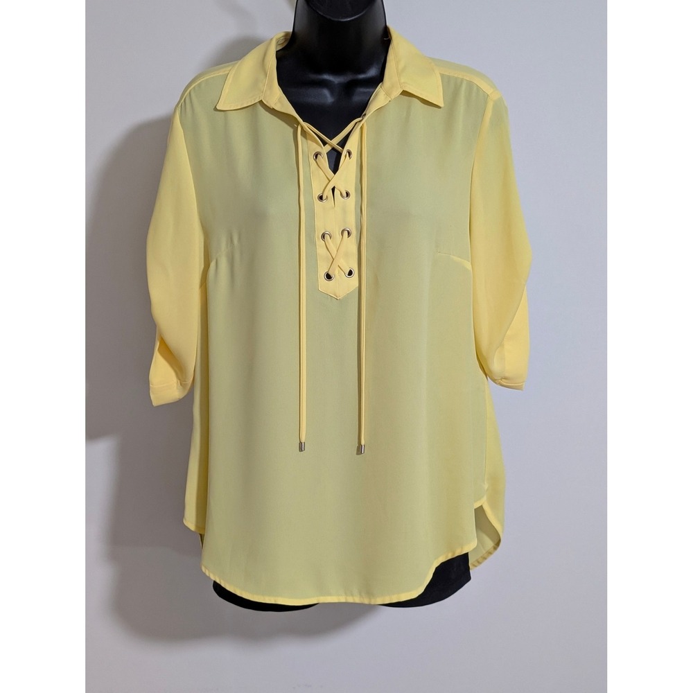 Jones New York Blouse Lightweight Lace Up 3/4 Sleeve Yellow Top Size Medium